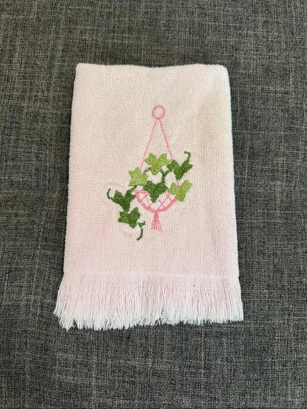 Vintage Ames Pink Embroidered Hanging Plant Fringe Hand Towel Cottagecore
